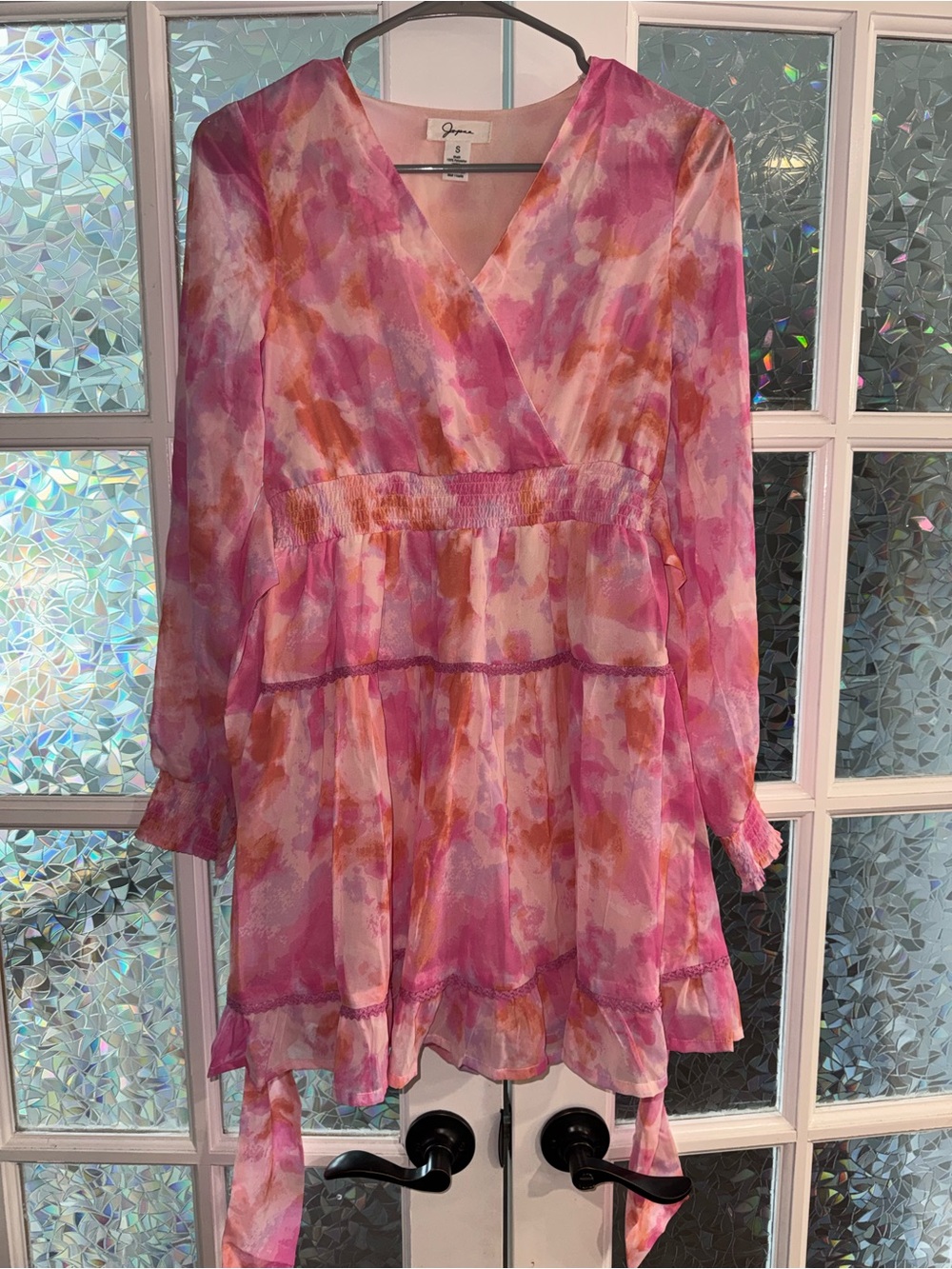 Floral Pink Watercolor Wrap Midi Dress with Smocked Waist